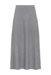 Hame midi harmaa, joka on valmistettu teksturoidusta kankaasta, jolla on lievää kiiltoa. A-linjainen muoto, suloinen vyötärö ja hienovarainen diagonaalinen kuvio koko pinnalla.