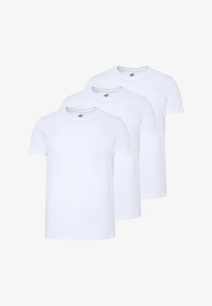 Ein Paket mit drei weißen Baumwoll-T-Shirts, die kurze Ärmel und einen Rundhals haben, mit einer glatten Textur und ohne sichtbare Muster oder Designs.