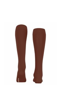 Braune kniehohe Socken aus glattem Material mit gerippten Abschlüssen. Sie verfügen über ein nahtloses Design ohne sichtbare Muster oder Akzente.