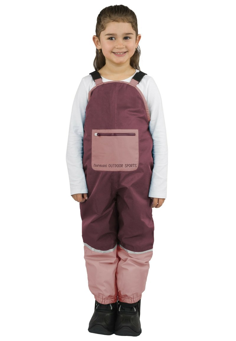 Wasserdichte Kinder-Latzhosen in burgunderrot und hellrosa, mit verstellbaren Trägern, einer Fronttasche und reflektierenden Akzenten an den Knöcheln.