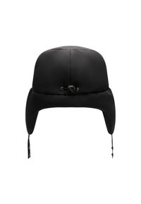 Sort puffervarmhue med øreflapper, der har en rund top og justerbar hagerem. Glat tekstur med syede sektioner til design.