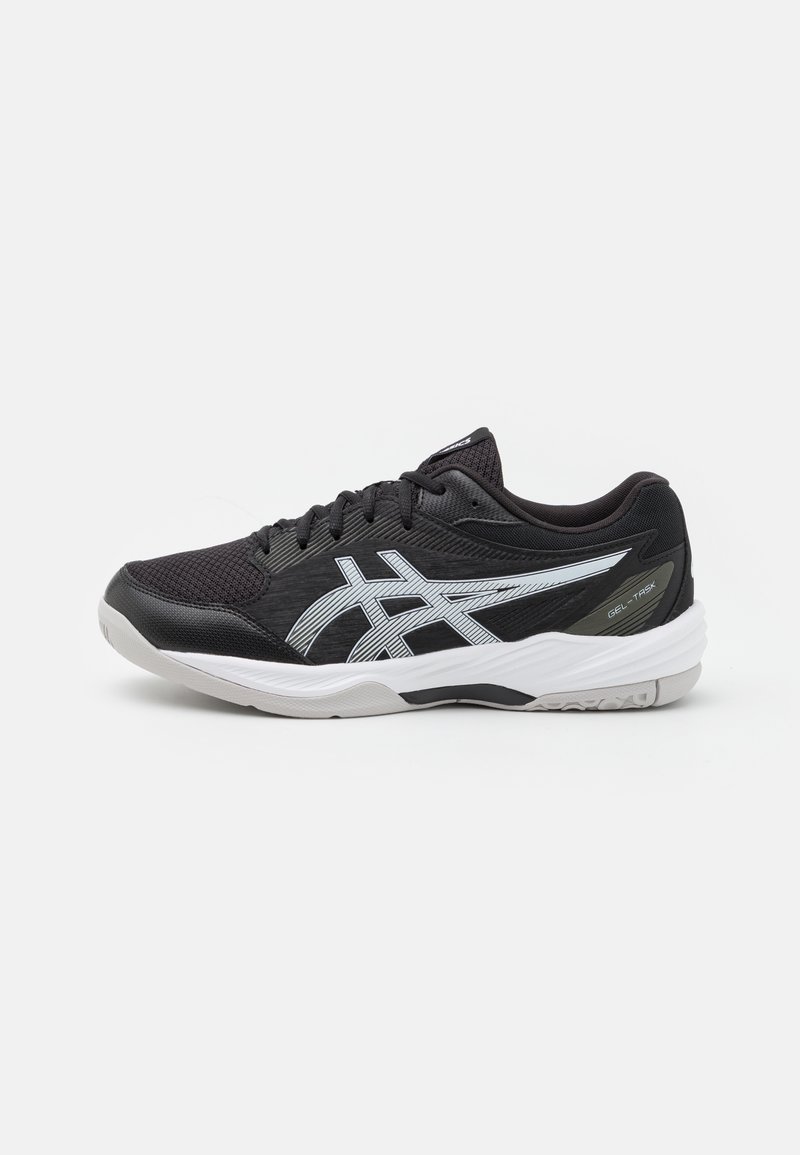 Black athletic shoe with a mesh upper, reflective silver logo, rubber sole, and white accents. Features a cushioned collar and durable design.