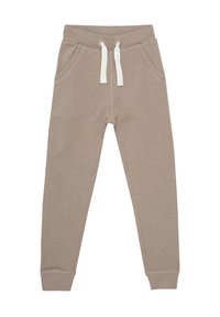 Beige joggebukser med elastisk midje og hvit snøring. Har to sidelommer og ribbede mansjetter ved anklene. Myk tekstur.