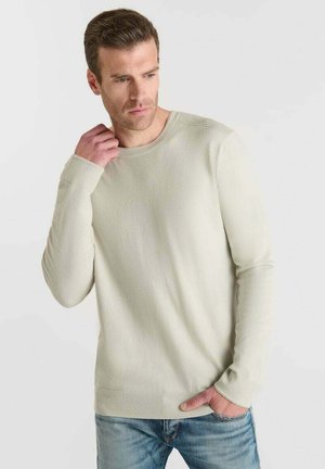 Hellbeige Pullover mit klassischem Rundhalsausschnitt, langen Ärmeln und strukturiertem Strick. Kombiniert mit blauen Jeans, vor einem neutralen Hintergrund präsentiert.