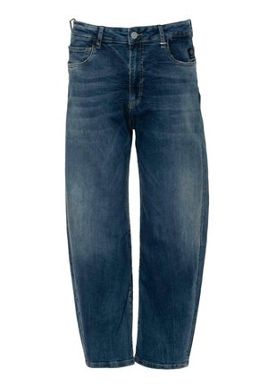 Dark blue denim jeans with a loose fit, five-pocket design, button fly, and subtle fading effect on the fabric. Reinforced seams, no patterns.