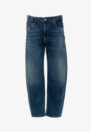 Jeans en denim bleu foncé avec une coupe ample, design à cinq poches, braguette à bouton et effet de décoloration subtil sur le tissu. Coutures renforcées, sans motifs.