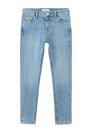 Light blue denim jeans with front pockets, belt loops, and a button fastening, displayed flat on a white background.