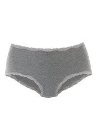 Graue Baumwoll-Hipster-Unterwäsche mit Spitzenbesatz am Bund und an den Beinausschnitten, die ein schlichtes Design und eine weiche Textur aufweist.