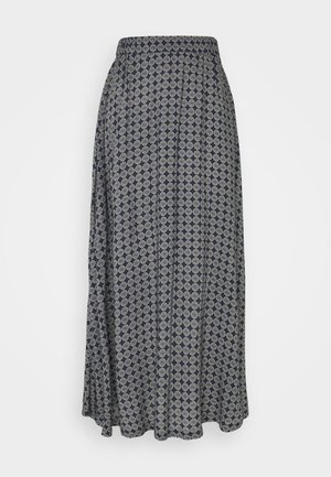 Jupe maxi navy en tissu doux, présentant un motif géométrique avec des accents circulaires et une taille élastique pour plus de confort.