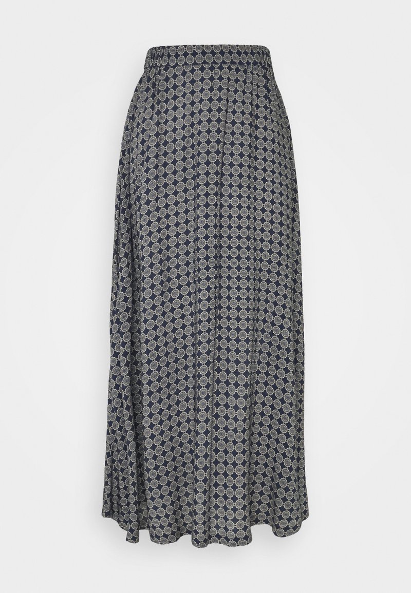 Jupe maxi navy en tissu doux, présentant un motif géométrique avec des accents circulaires et une taille élastique pour plus de confort.