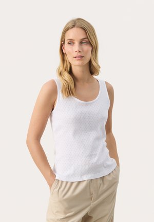 Weißes Tanktop mit einem runden Ausschnitt und strukturiertem Rauten-Muster. Hergestellt aus leichtem Material, hat es ein tailliertes Design und eine glatte Oberfläche.