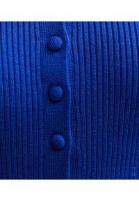 Maglione azzurro a costine con cinque bottoni testurizzati lungo la parte anteriore. Il tessuto è morbido e presenta linee verticali per un tocco di dettaglio in più.
