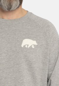 Grijze sweatshirt met een ronde hals en raglanmouwen. Heeft een witte vilt beren-silhouet op de borst. Zachte, jersey stof textuur.