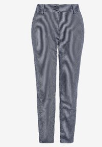 Pantaloni a righe in navy e bianco, con una vestibilità slim, chiusura in vita a due bottoni e motivo a righe verticali per un aspetto su misura.