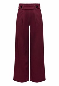 Bordeaux wijduitlopende broek met een plat elastiek, voorzien van twee plooien aan de voorkant en zwarte knoopaccenten in de taille. Soepele stofstructuur.