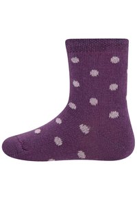 Calza di cotone viola con pois bianchi, bordo a costine e texture liscia. Progettata per comfort e calore, con punta senza cuciture.