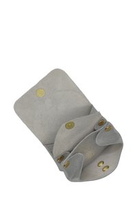 Petit porte-monnaie ouvert en cuir argenté avec intérieur en daim et boutons-pression de couleur dorée.