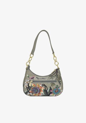 Graue Ledertasche mit Blumenmustern, goldenen Beschlägen, einem Schulterriemen und einer Reißverschlusstasche. Verfügt über lebendige Farben und detaillierte Muster.
