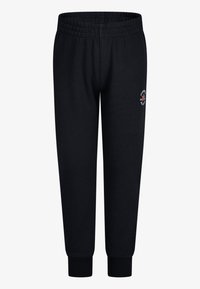 Black sweatpants made from soft fabric, featuring an elastic waistband, ribbed cuffs, and a small embroidered logo on the thigh.