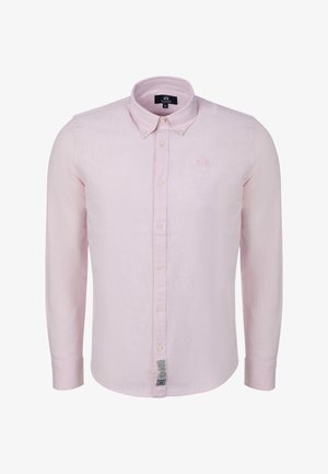 Jasnoróżowa koszula z długim rękawem zapinana na guziki, z kołnierzykiem na guziki i małym haftowanym logo na piersi.