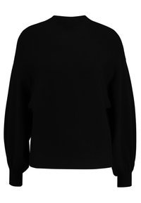 Zwart sweater met hoge halslijn, doorgezakte schouders en losse lange mouwen. Gemaakt van zacht materiaal met geribbelde manchetten.