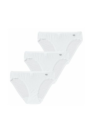 Weiße Baumwollunterwäsche, Set aus drei Stück. Klassisches Slipdesign mit glatter Textur und elastischem Bund. Kleines Logo auf der linken Vorderseite.