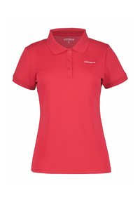 Röd polo skjorta med krage, tre knappslut, korta ärmar och varumärkeslogotypen tryckt på bröstet. Slät, texturerad tyg.