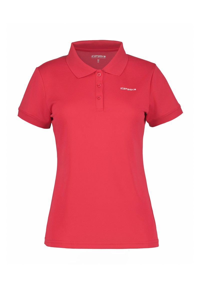 Röd polo skjorta med krage, tre knappslut, korta ärmar och varumärkeslogotypen tryckt på bröstet. Slät, texturerad tyg.