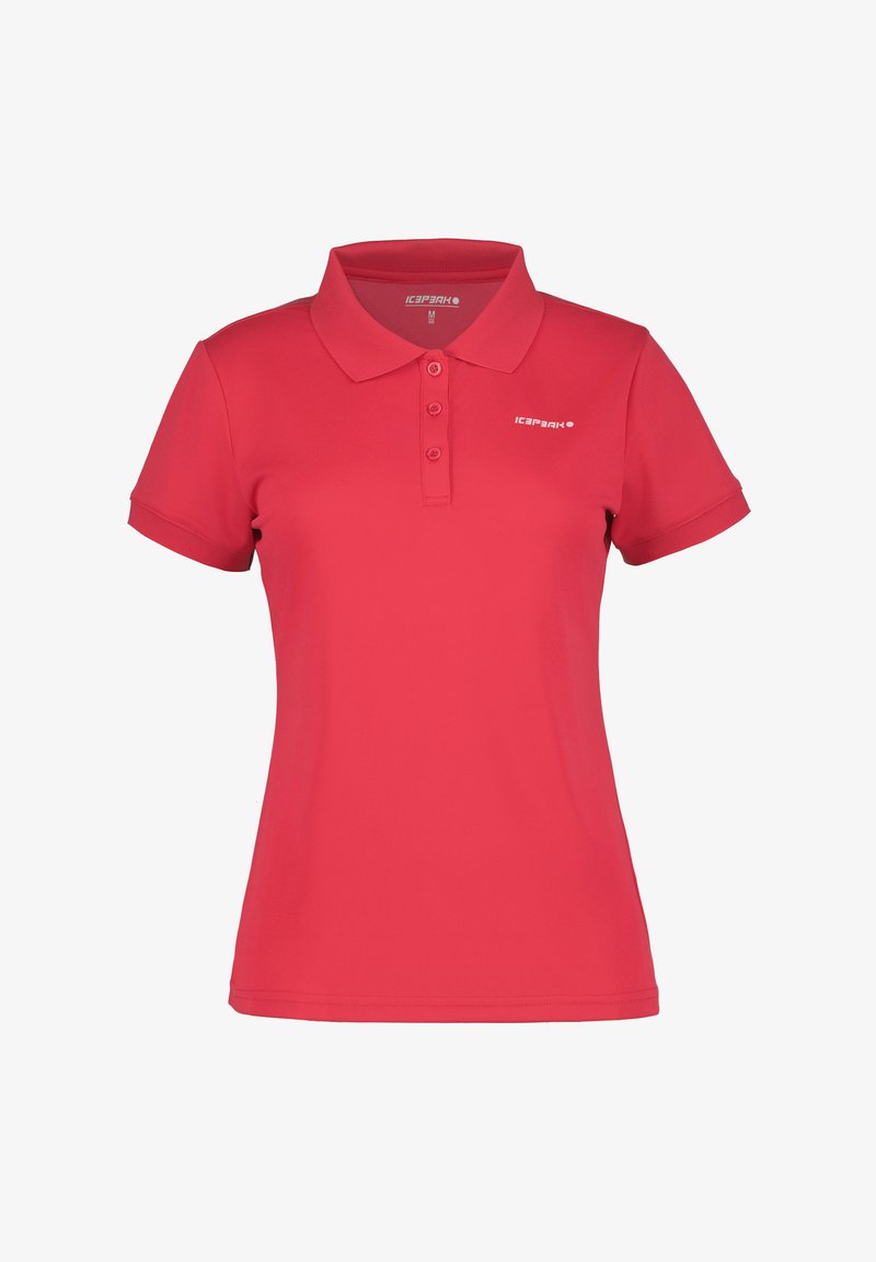 Röd polo skjorta med krage, tre knappslut, korta ärmar och varumärkeslogotypen tryckt på bröstet. Slät, texturerad tyg.