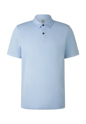Light blue short-sleeve polo shirt with a buttoned collar, featuring a discreet logo on the chest and a smooth, textured fabric.