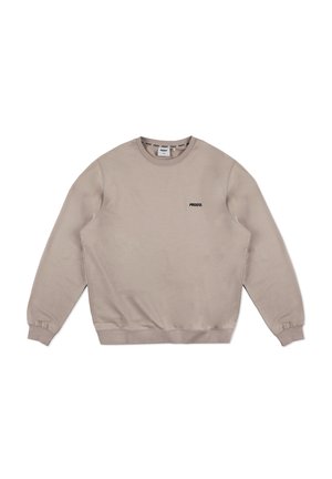 Beżowy sweatshirt wykonany z miękkiego materiału, z okrągłym dekoltem, długimi rękawami, ściągaczami na rękawach oraz małym czarnym logo na piersi.