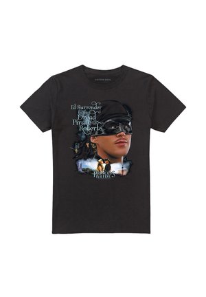 Schwarzes T-Shirt mit Grafik eines maskierten Mannes, eines romantischen Paares, eines Schlosses, eines Schiffes und einem Text, der auf "Dread Pirate Roberts" aus Der Prinzessin Braut verweist.