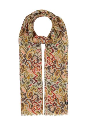 Lightweight scarf with abstract multicolor patterns in shades of brown, red, yellow, and green, featuring frayed edges.