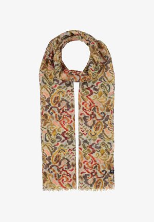 Écharpe légère avec des motifs abstraits multicolores en nuances de brun, rouge, jaune et vert, avec des bords effilochés.