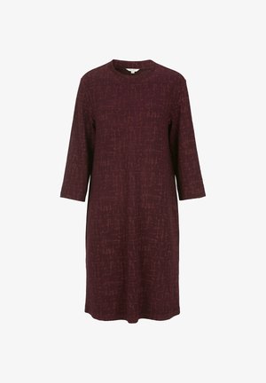 Bordeaux jurk van jersey met driekwart mouwen, ronde halslijn en een abstract patroon, met een ontspannen silhouet.