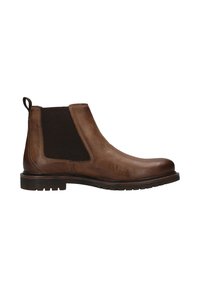 Braune Leder Chelsea-Stiefel mit elastischen Seitenpanele, strukturierten Oberflächen, einer runden Zehenpartie und einer langlebigen Gummisohle mit strukturiertem Profil.