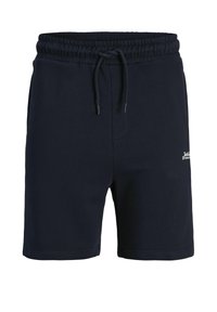 Mørkeblå bomuldsshorts med elastisk talje, justerbar snor og et lille hvidt logo på siden. Glat tekstur, afslappet design.