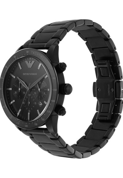 Schwarze Emporio Armani Metallchronograph-Uhr mit Tachymeter-Lünette, drei Hilfszifferblättern, Datumsfenster und Gliederarmband mit Verschluss.