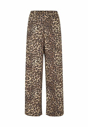 Bukser med vide ben i brun og sort leopardmønster og elastisk taljebånd på hvid baggrund.