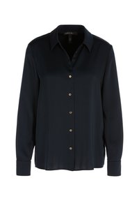 Navyblaue Satin-Bluse mit langen Ärmeln, Kragen, goldenen Knöpfen und glatter Textur. Hat einen entspannten Schnitt und einen geraden Saum.