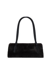 Bolso de mano de piel negra con asas de cuero lisas, de forma rectangular y con una apariencia suave y texturizada. Sin hardware ni acentos visibles.