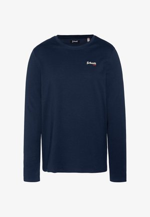 Marinefarbener langärmeliger Baumwoll-T-Shirt mit Rundhalsausschnitt, geradem Schnitt und einem kleinen rot-weißen Logo auf der Brust.