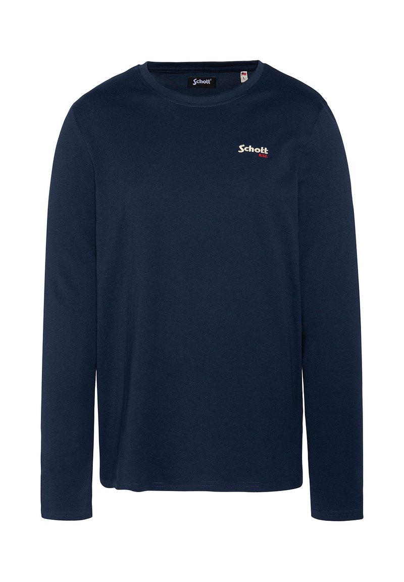Camiseta de algodón de manga larga en color navy, con cuello redondo, corte recto y un pequeño logotipo rojo y blanco en el pecho.