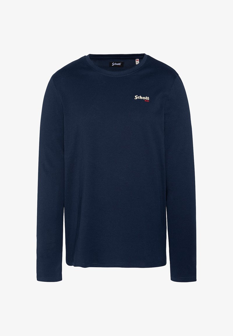 Camiseta de algodón de manga larga en color navy, con cuello redondo, corte recto y un pequeño logotipo rojo y blanco en el pecho.