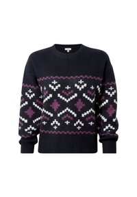 Black knitted crewneck sweater with purple and white geometric Fair Isle pattern across chest and sleeves, ribbed cuffs and hem.