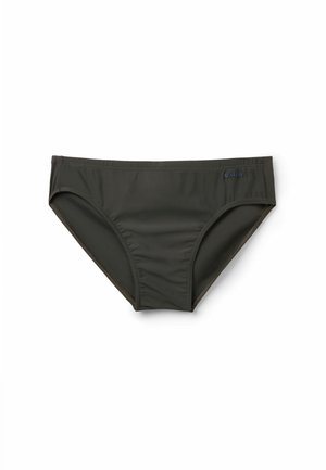 Donkergroene heren zwembroek met een klein merklabeltje aan de rechterkant, plat liggend weergegeven op een witte achtergrond.