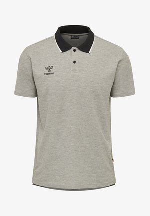 Szara koszulka polo z czarnym kołnierzykiem i białymi akcentami, z logo po lewej stronie na piersi, wykonana z miękkiego, teksturowanego materiału.