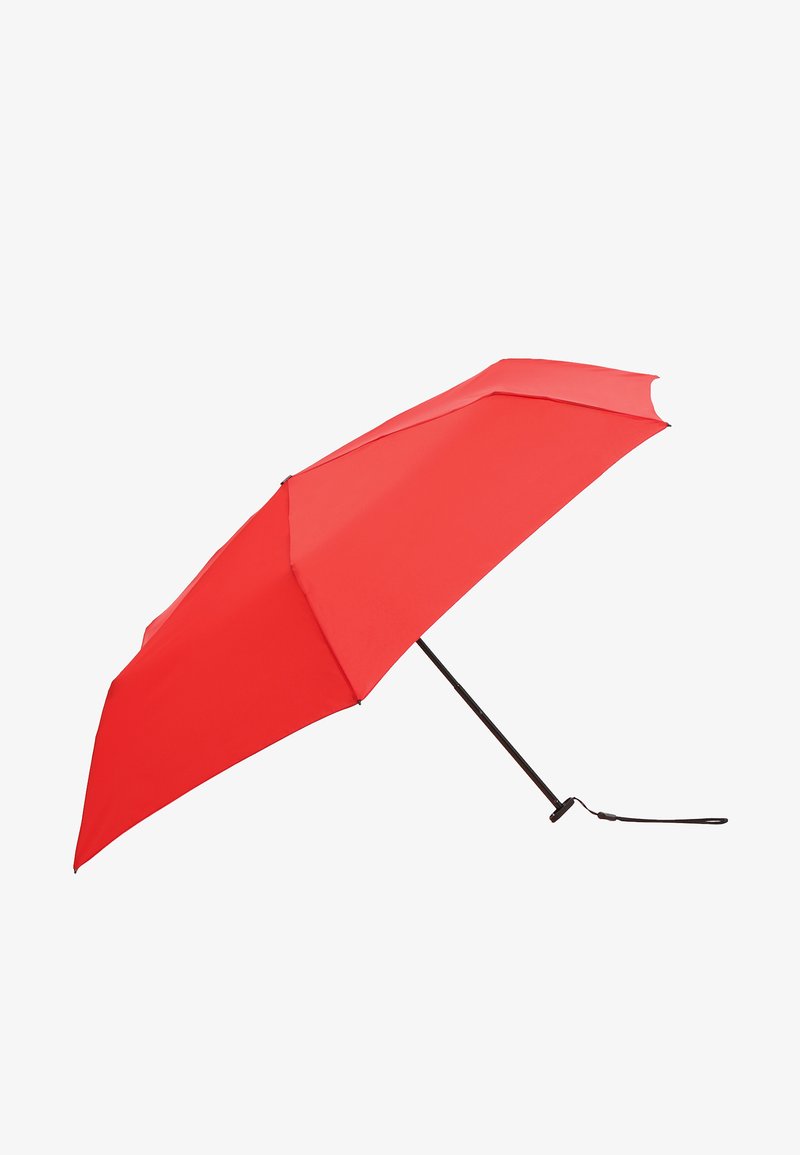 Ombrello rosso con un elegante telo, struttura in metallo nero e cinturino da polso. Presenta un design semplice e leggero e una superficie liscia.