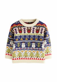 Pletený svetr s krémovým vroubkovaným výstřihem a barevným vzorem Fair Isle s jeleny, sněhuláky, stromy a hvězdami na tmavě modrém pozadí.