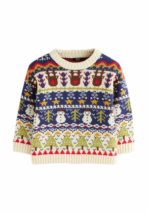 Stickad tröja med krämfärgad ribbad halsringning och färgglad Fair Isle-mönstring med renar, snögubbar, träd och stjärnor på en mörkblå bakgrund.
